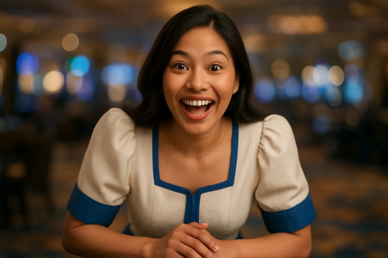 Excited Filipino woman portrait in modern Filipiniana blouse on casino floor