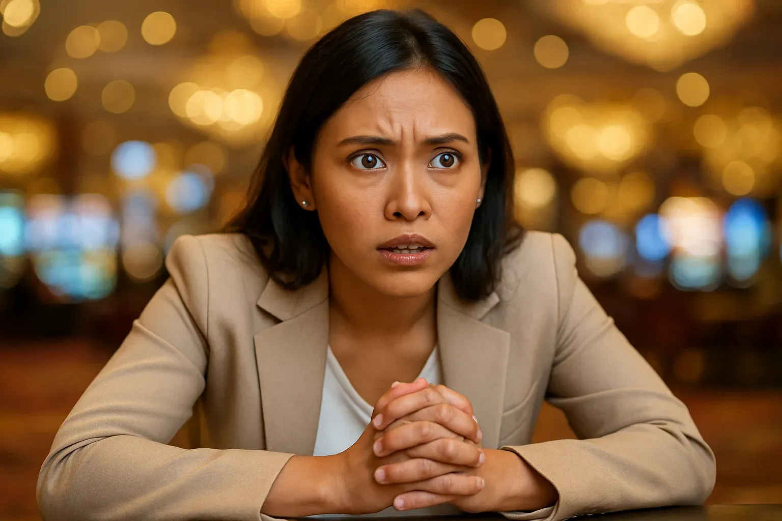 High-resolution portrait of tense Filipino woman in casino VIP area