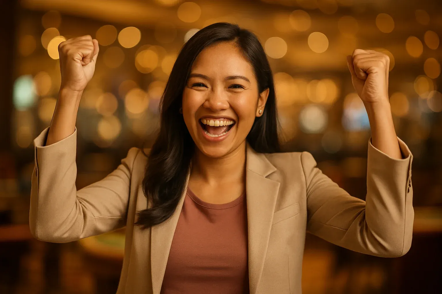 Excited Filipino woman celebrating win in blurred casino VIP background
