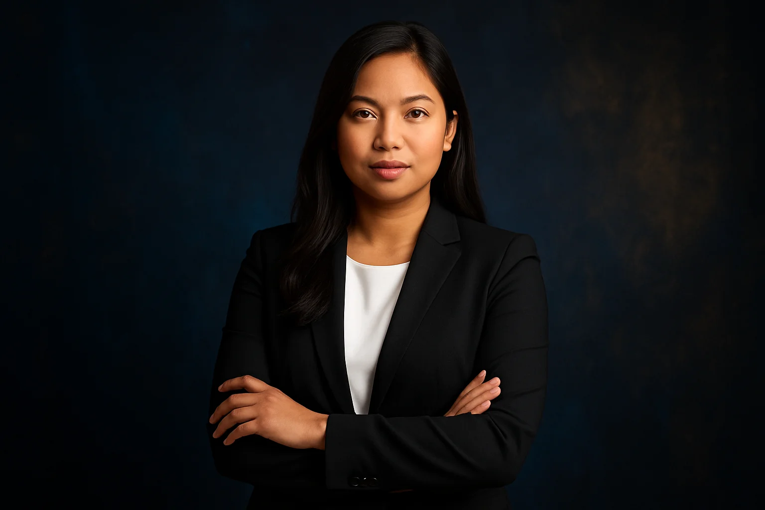 High-resolution portrait of confident Filipino woman on dark blue and gold background