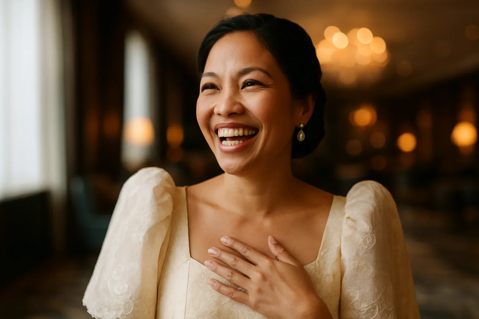 Sophisticated Filipino woman in Filipiniana attire laughing in VIP casino lounge