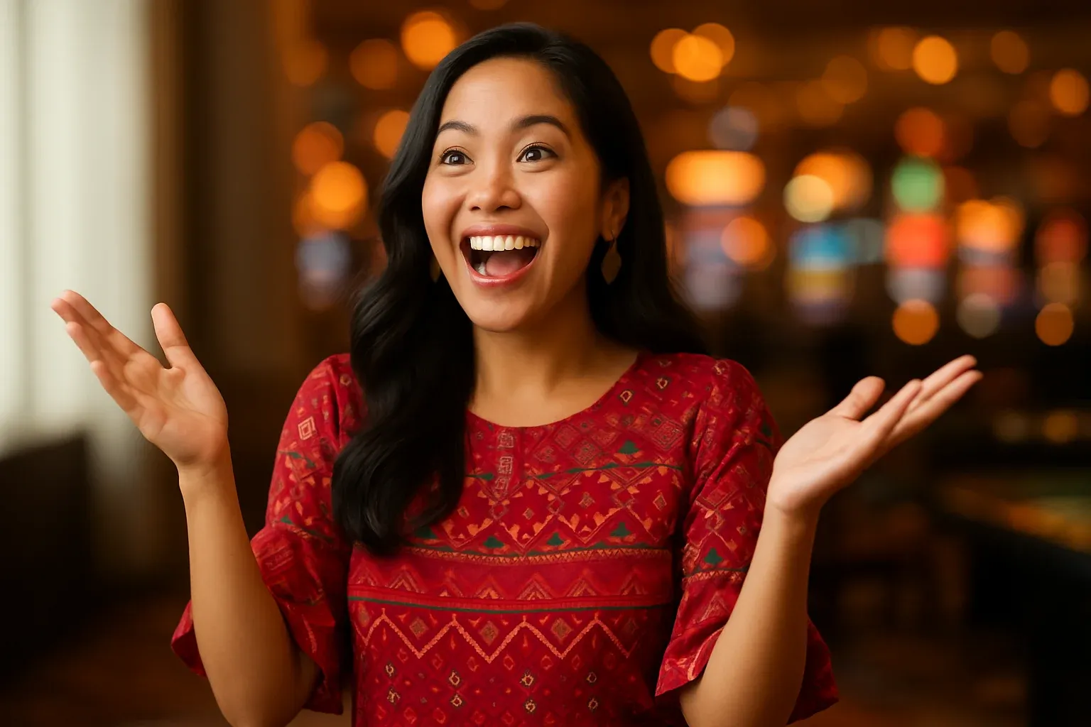 Excited Filipino woman catching imaginary coins in warm neon casino bokeh