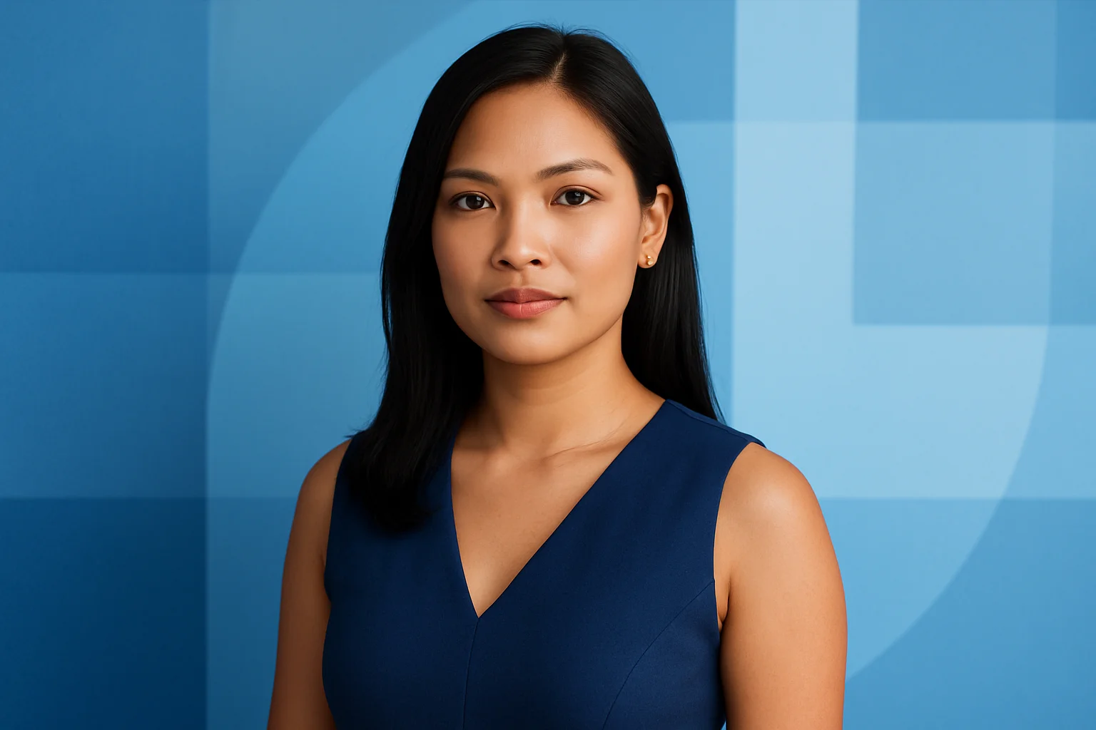 Confident Filipino woman portrait with blue identity verification aesthetic background