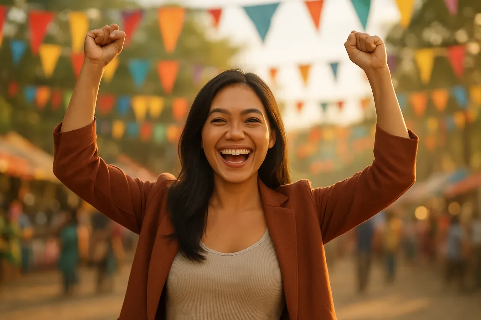 Excited Filipino woman raising arms in victory at colorful festival background