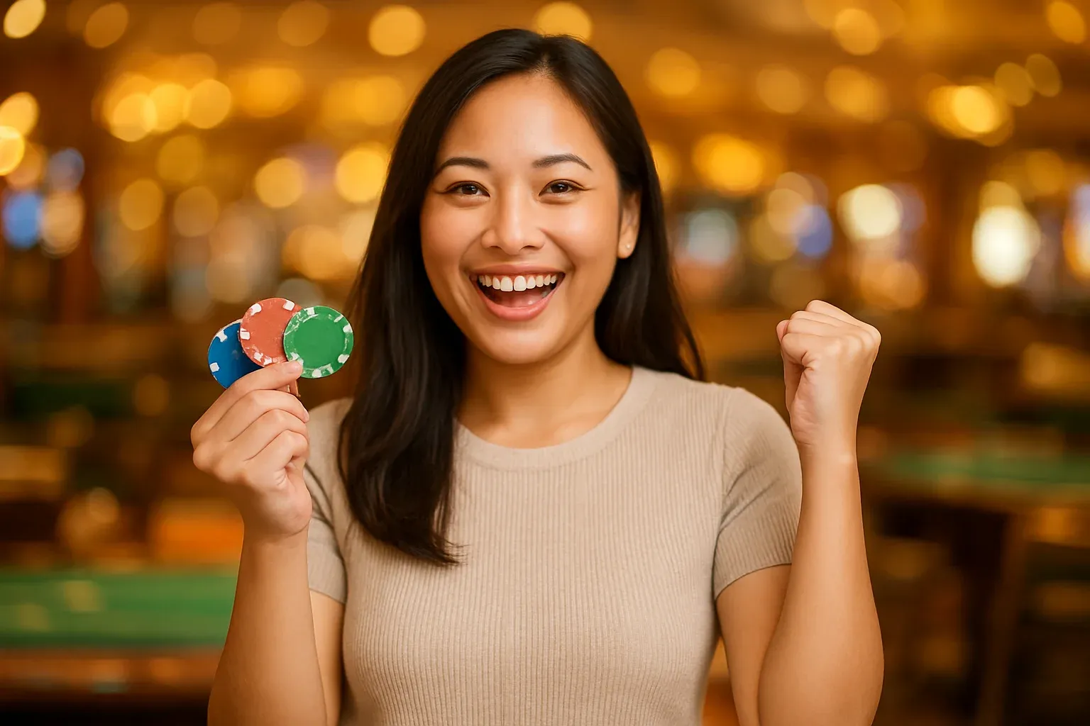 Joyful Filipino woman holding casino chips in victory pose, blurred neon casino background