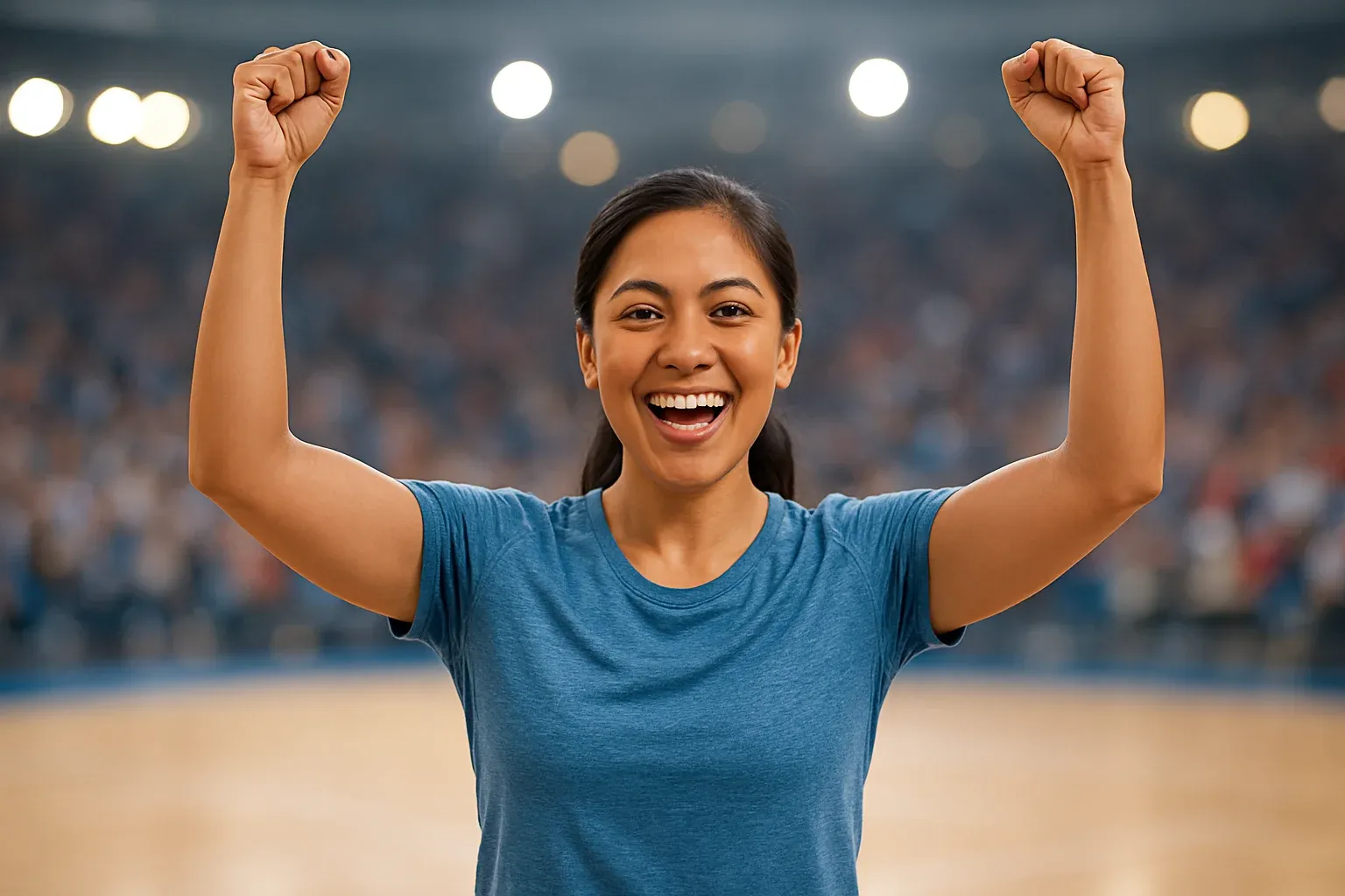 Excited Filipino woman in sportswear celebrating victory in blurred arena
